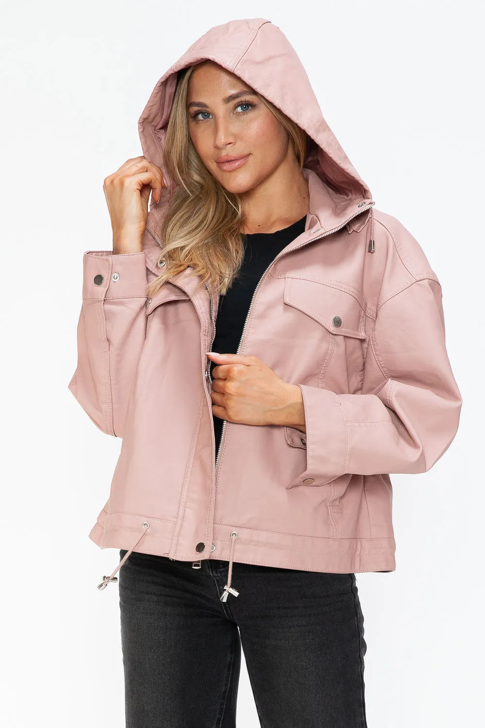 Drawstring Hem PU Leather Zip Up Jacket