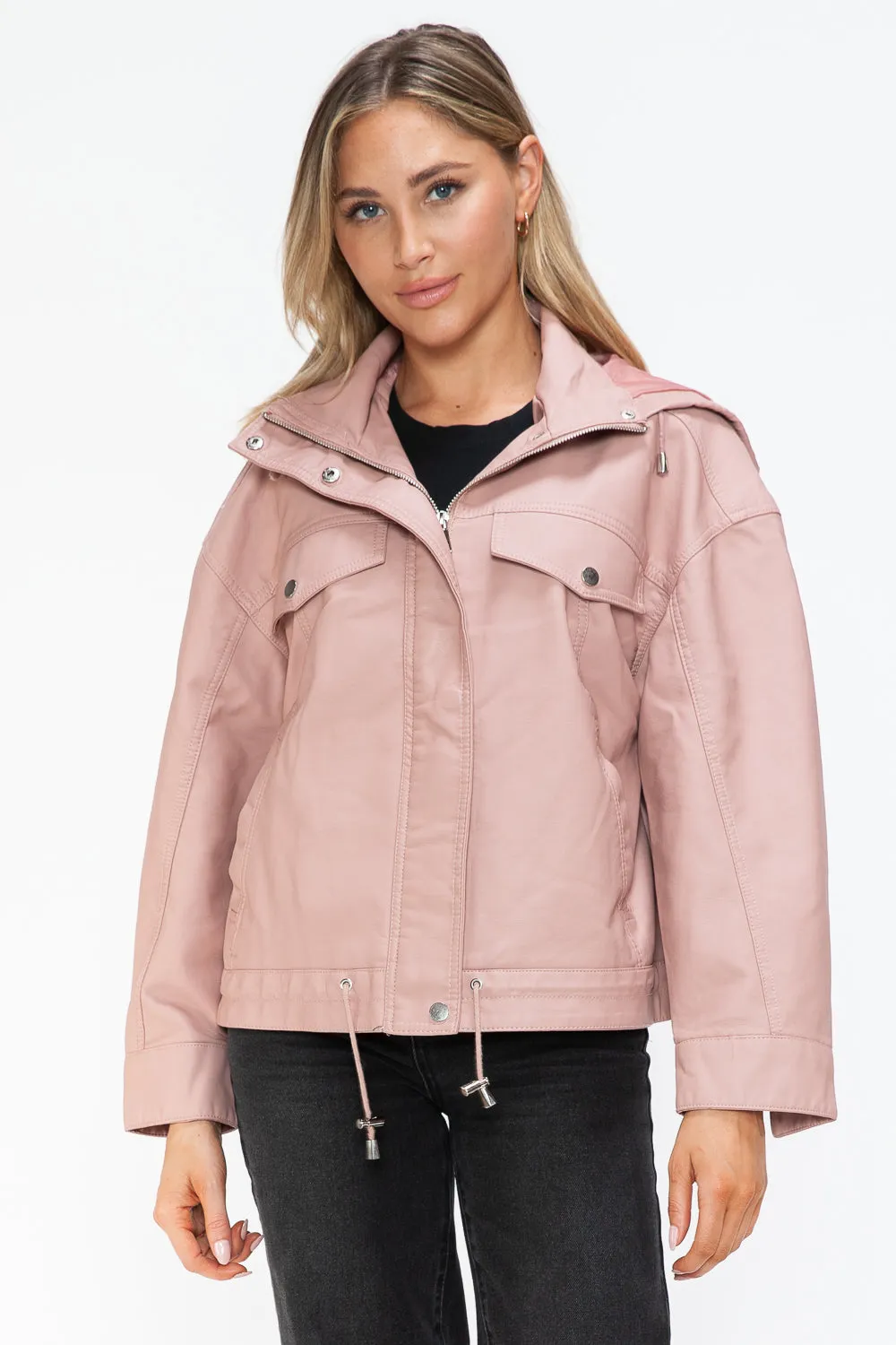 Drawstring Hem PU Leather Zip Up Jacket