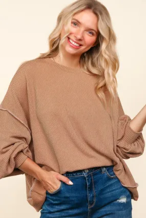 Drop Shoulder Ribbed Long Sleeve Reverse Knit Top - Caramel