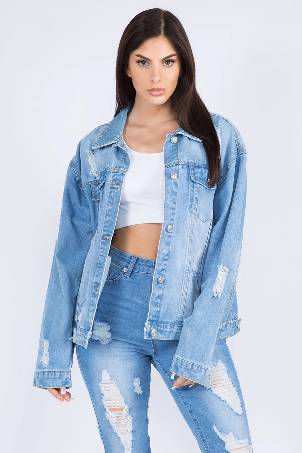 Full Size Painted Back Distressed Denim Jacket