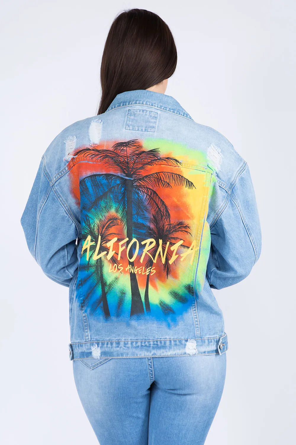 Full Size Painted Back Distressed Denim Jacket