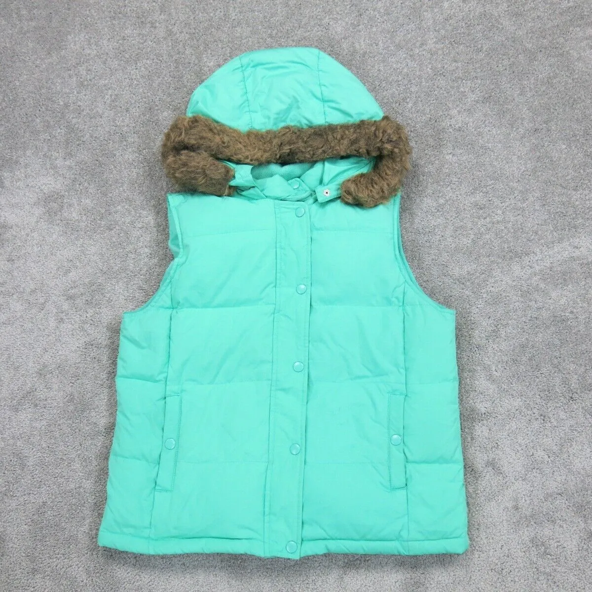 Gap Womens Hooded Puffer Vest Jacket Snap Button Sleeveless Turquoise Size M