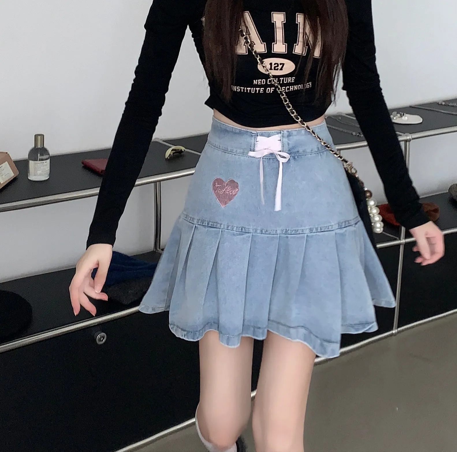 Heart & Bow Decorated High Waist Denim Pleated Skirt