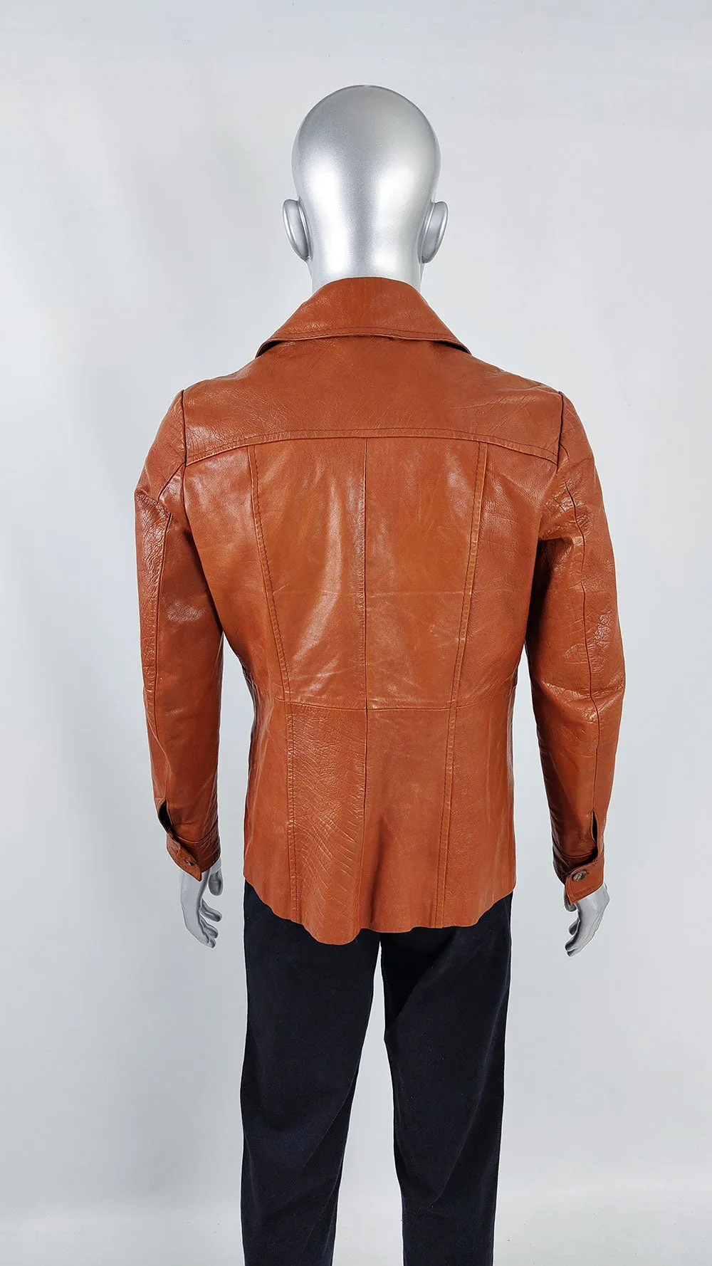 Hepworths Vintage 1970s Mens Burnt Orange Real Leather Jacket