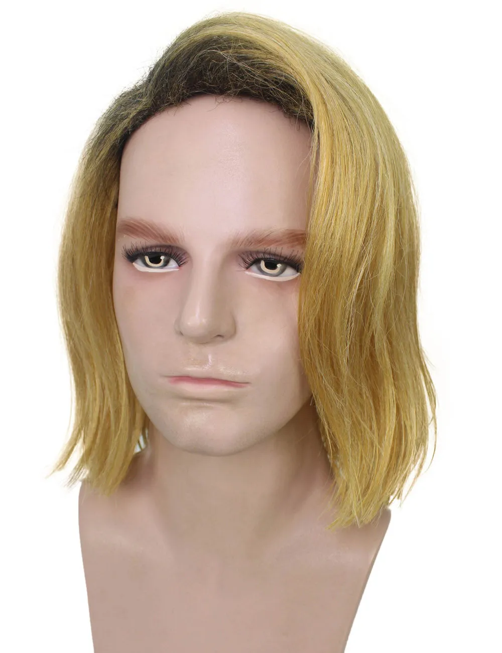 HPO Adult Men’s 90s Grunge Blonde and Black Dyed Roots Center-Parted Medium Wig