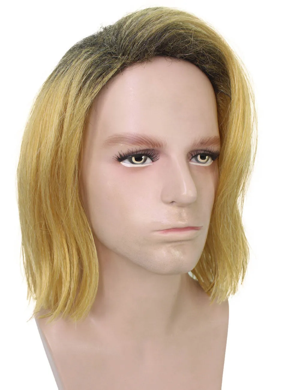 HPO Adult Men’s 90s Grunge Blonde and Black Dyed Roots Center-Parted Medium Wig