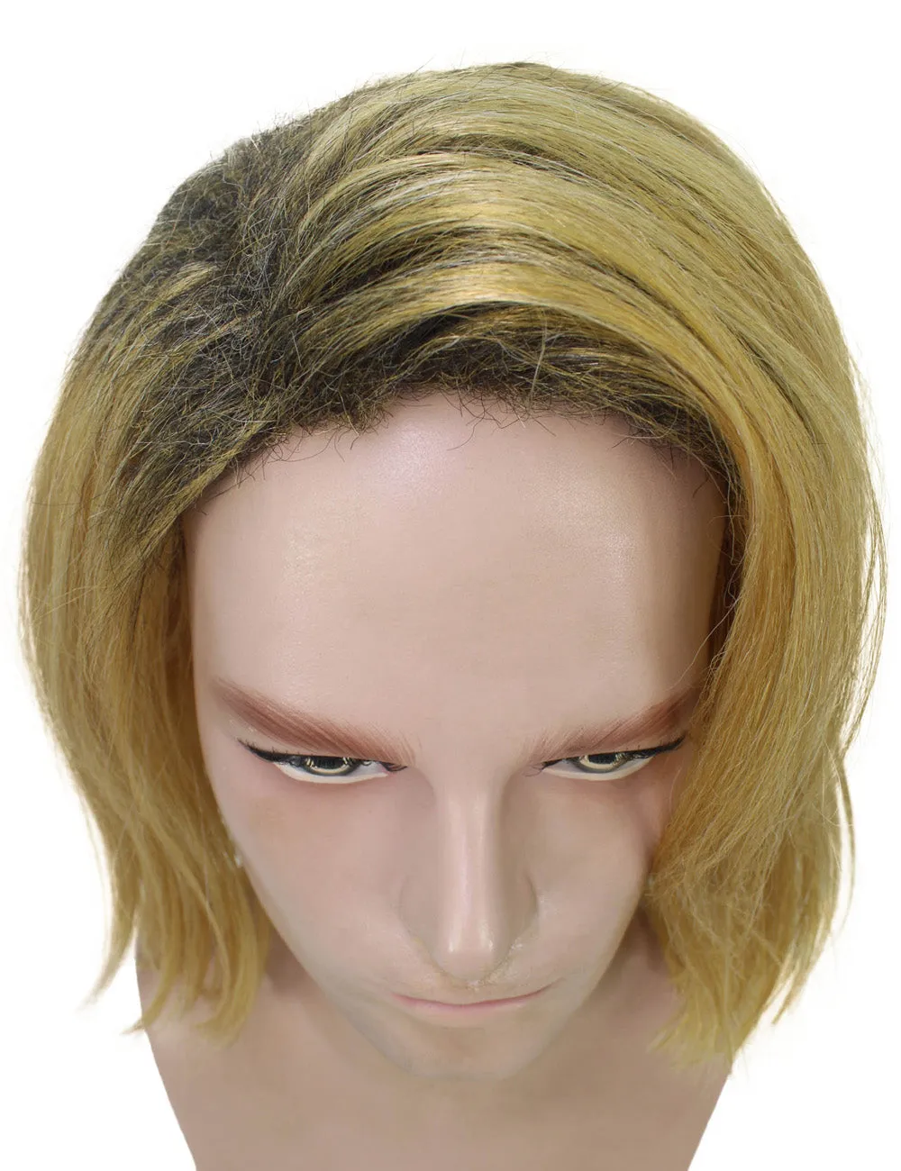 HPO Adult Men’s 90s Grunge Blonde and Black Dyed Roots Center-Parted Medium Wig