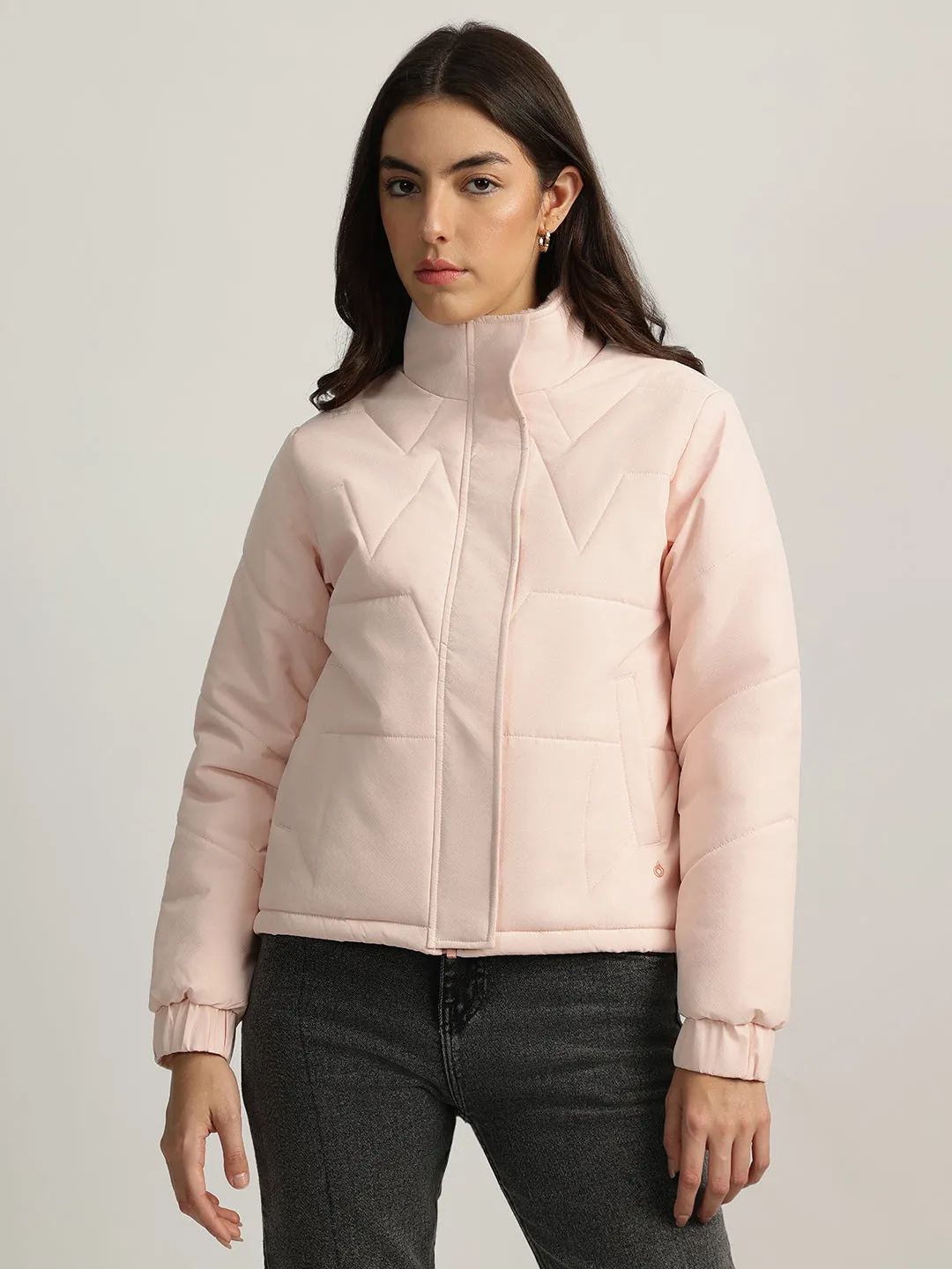 Iconic Women Pink Solid Stand Collar Full Sleeves Quilted Jacket