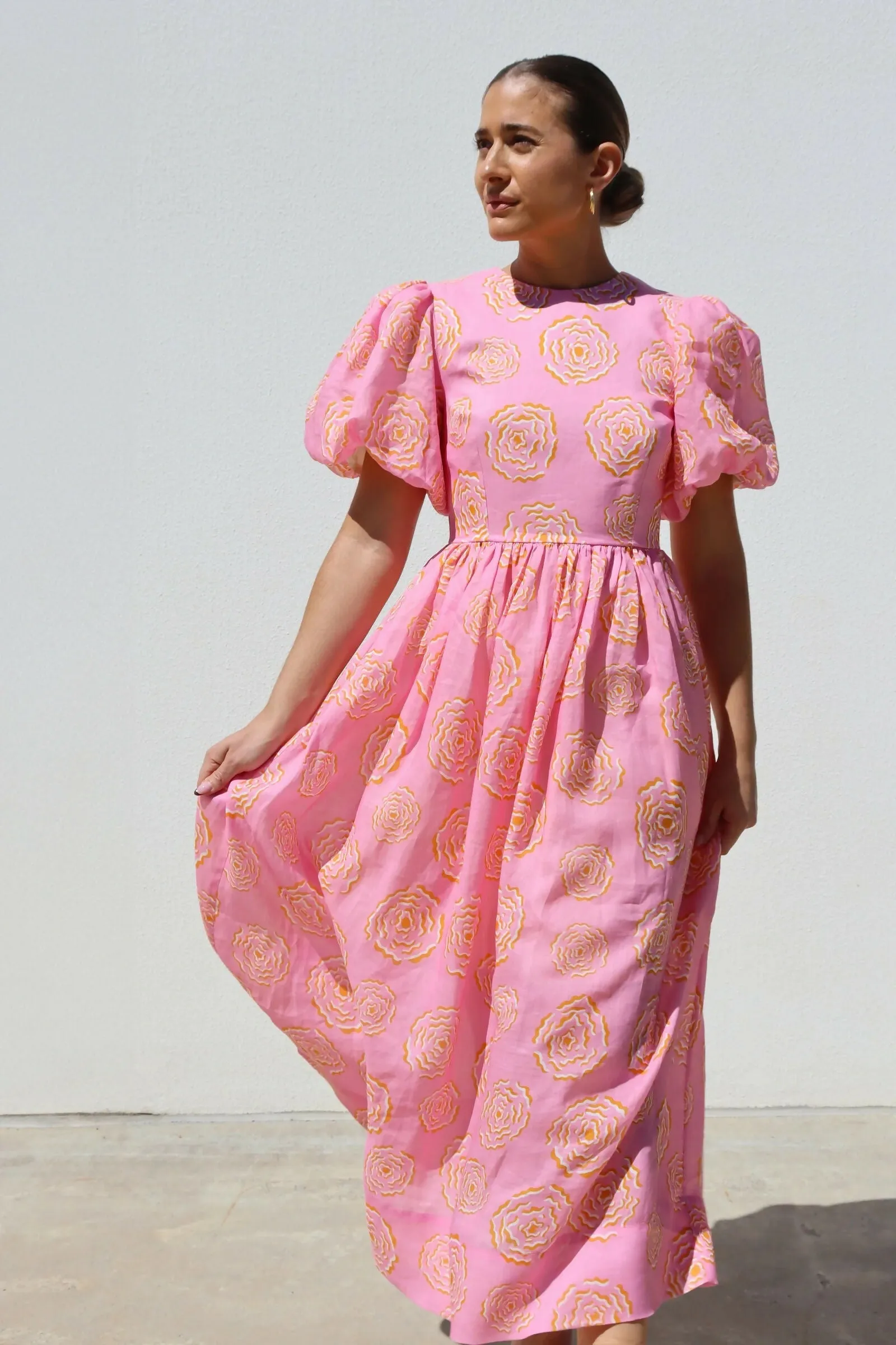 Isabella Longginou Peony Puff Sleeve Dress Pink Size AU 12