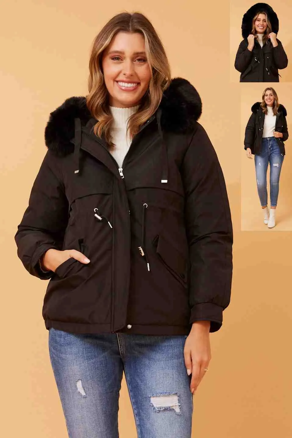 Jacket with Fur Trim Hood - Black