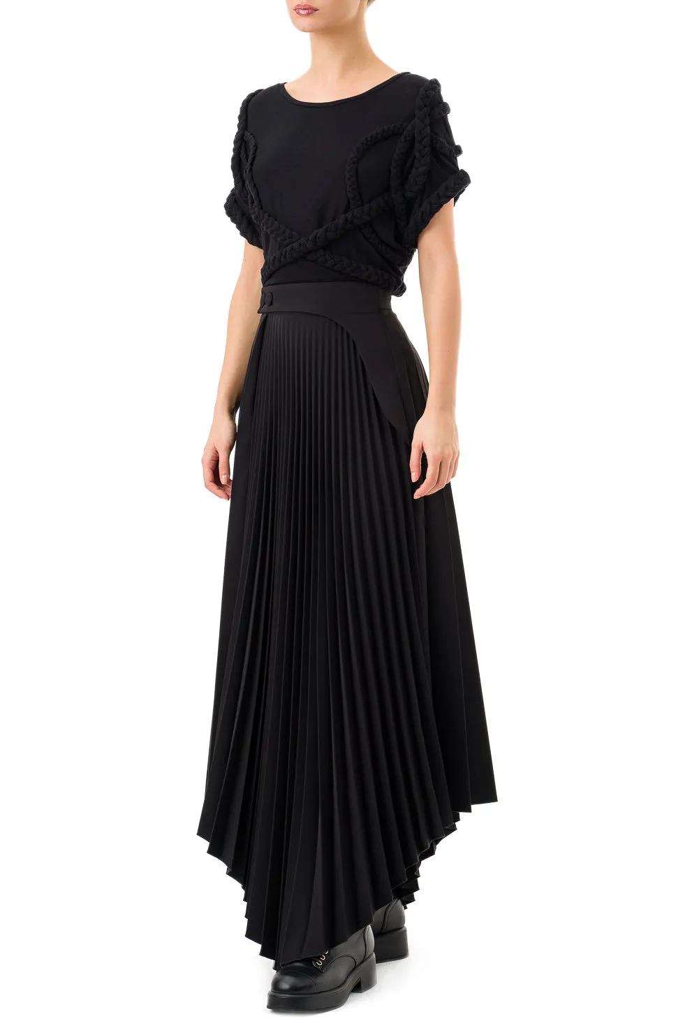 Jamila Black Asymmetric Pleated Long Skirt