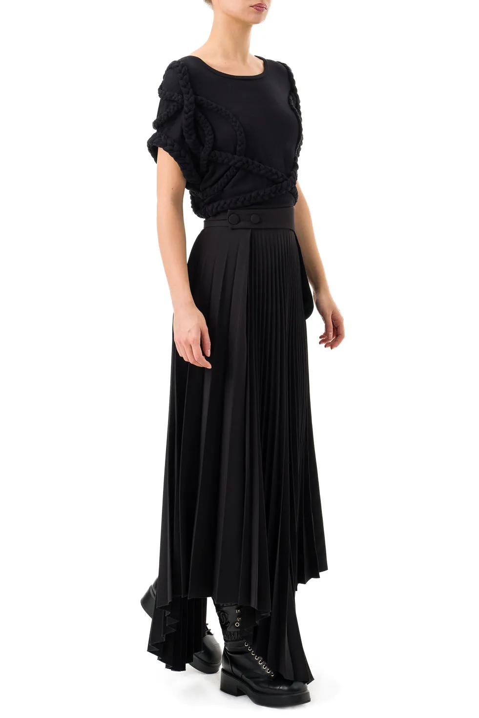 Jamila Black Asymmetric Pleated Long Skirt