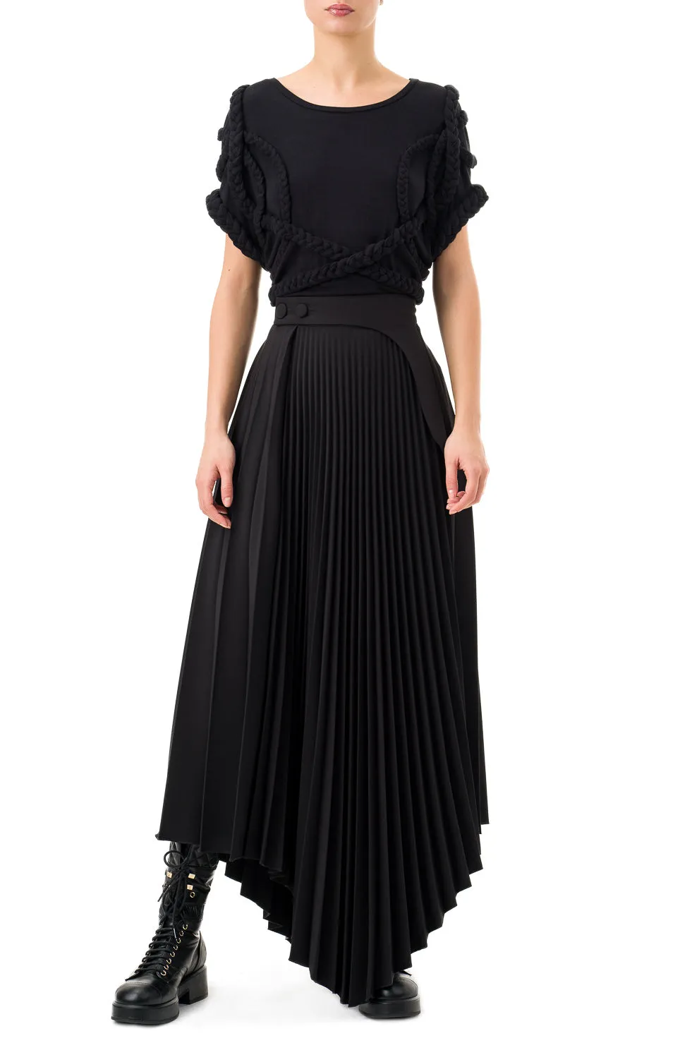 Jamila Black Asymmetric Pleated Long Skirt