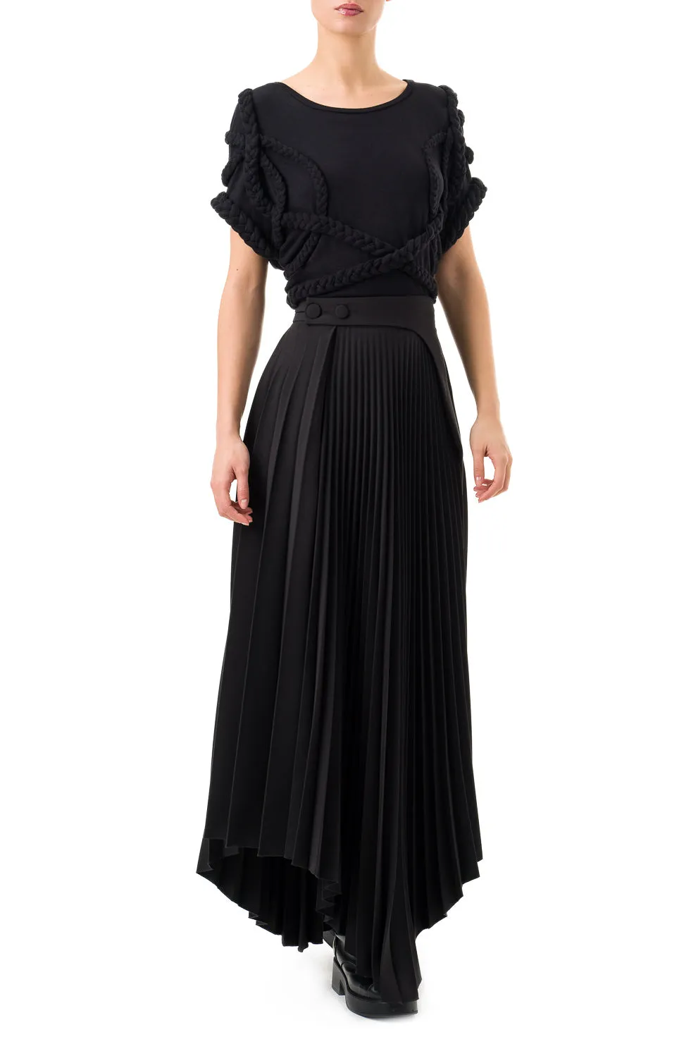 Jamila Black Asymmetric Pleated Long Skirt