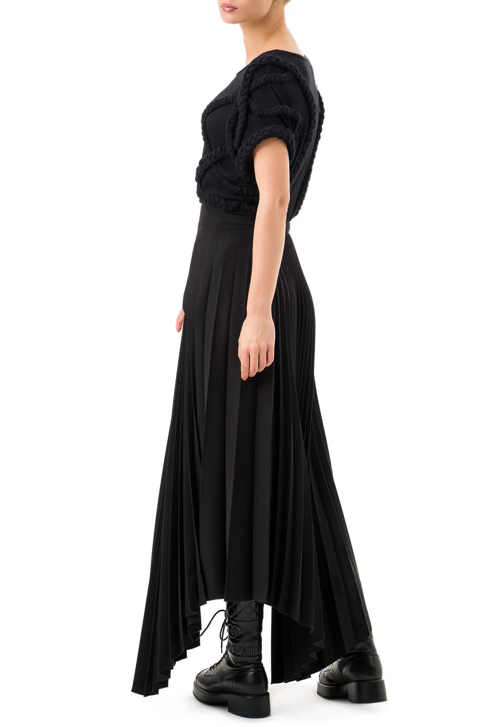 Jamila Black Asymmetric Pleated Long Skirt