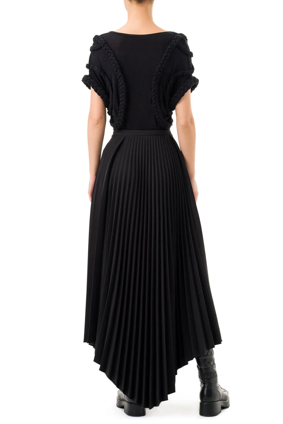 Jamila Black Asymmetric Pleated Long Skirt