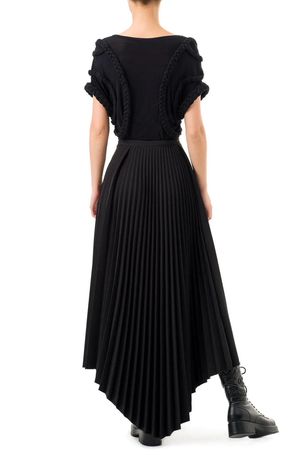 Jamila Black Asymmetric Pleated Long Skirt