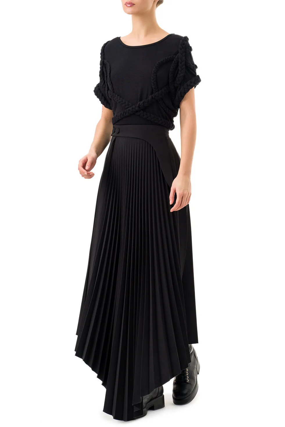 Jamila Black Asymmetric Pleated Long Skirt