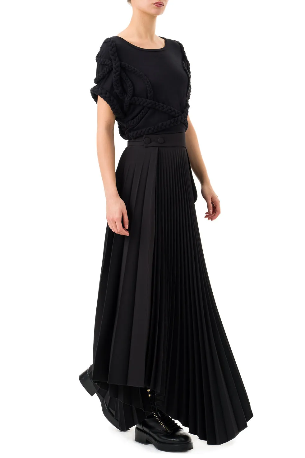 Jamila Black Asymmetric Pleated Long Skirt