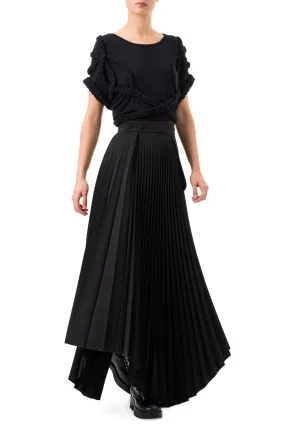 Jamila Black Asymmetric Pleated Long Skirt