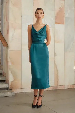 KAMEA teal blue satin midi dress