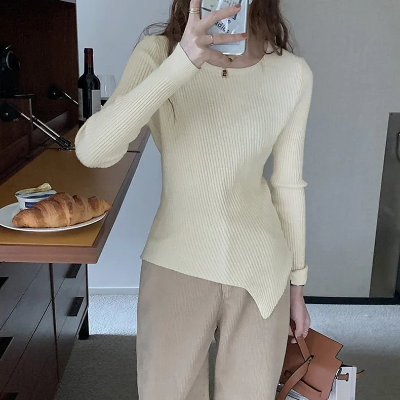 [Korean Style] 4 Colors Round Neck Asymmetrical Rib Knit Top