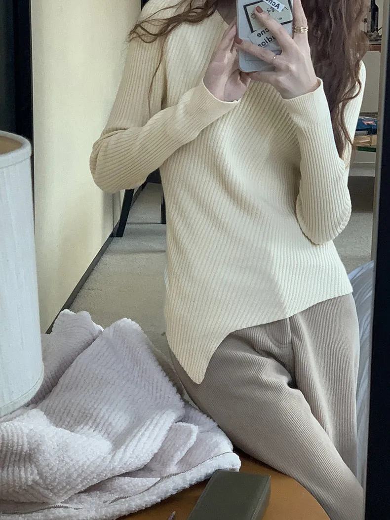 [Korean Style] 4 Colors Round Neck Asymmetrical Rib Knit Top