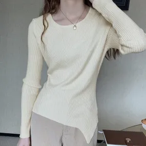 [Korean Style] 4 Colors Round Neck Asymmetrical Rib Knit Top