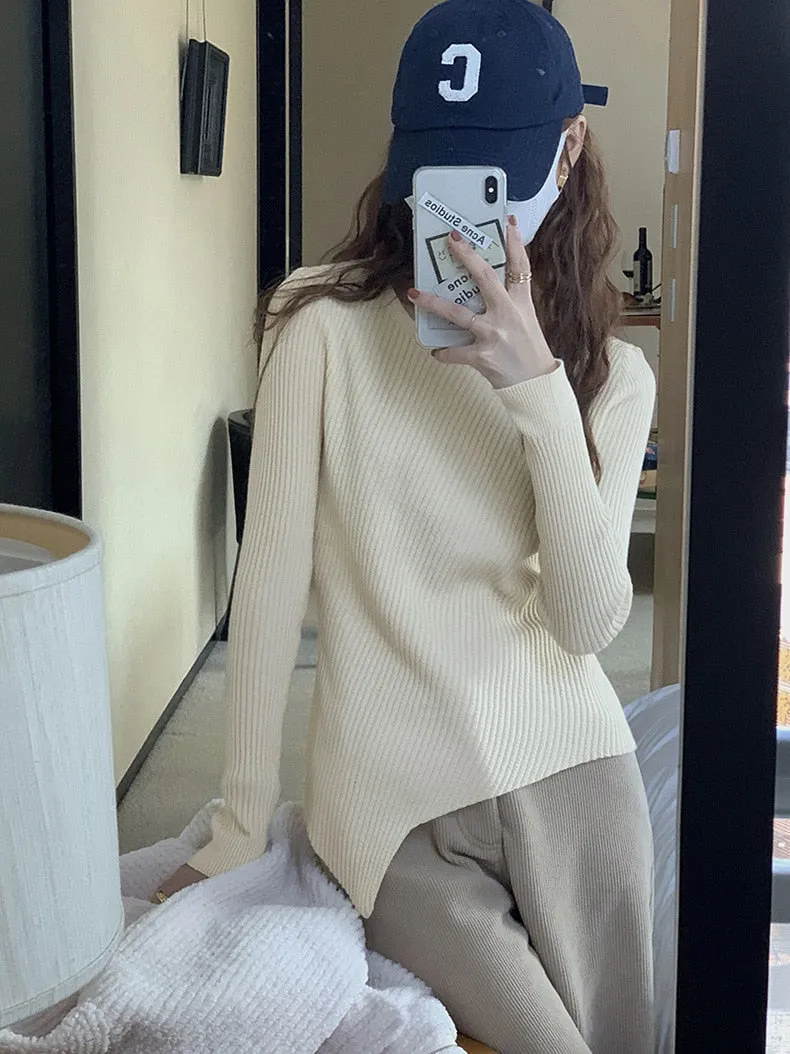 [Korean Style] 4 Colors Round Neck Asymmetrical Rib Knit Top