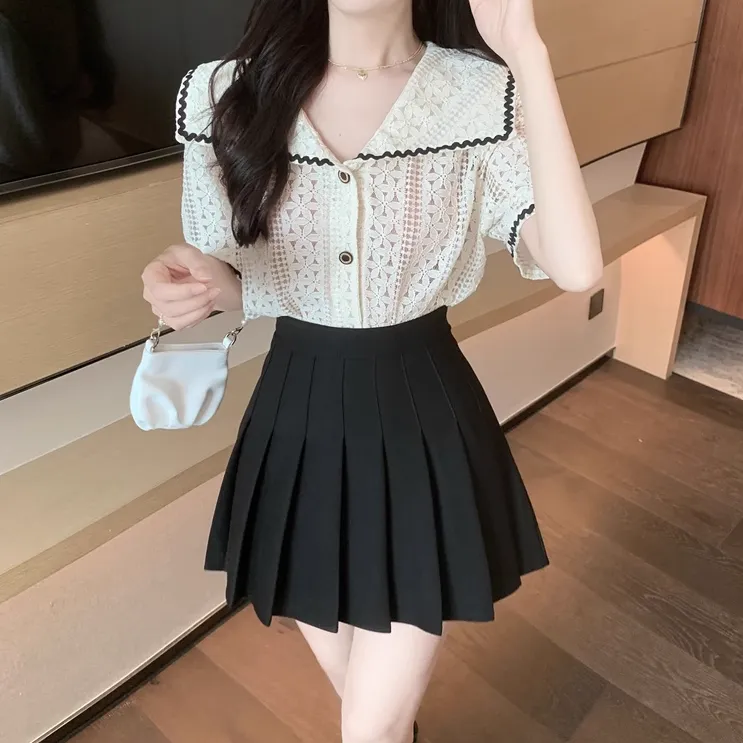 Large Lapel Lace Shirt Top Pleated Short Skirt Set