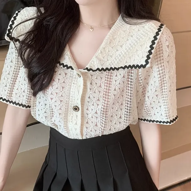 Large Lapel Lace Shirt Top Pleated Short Skirt Set