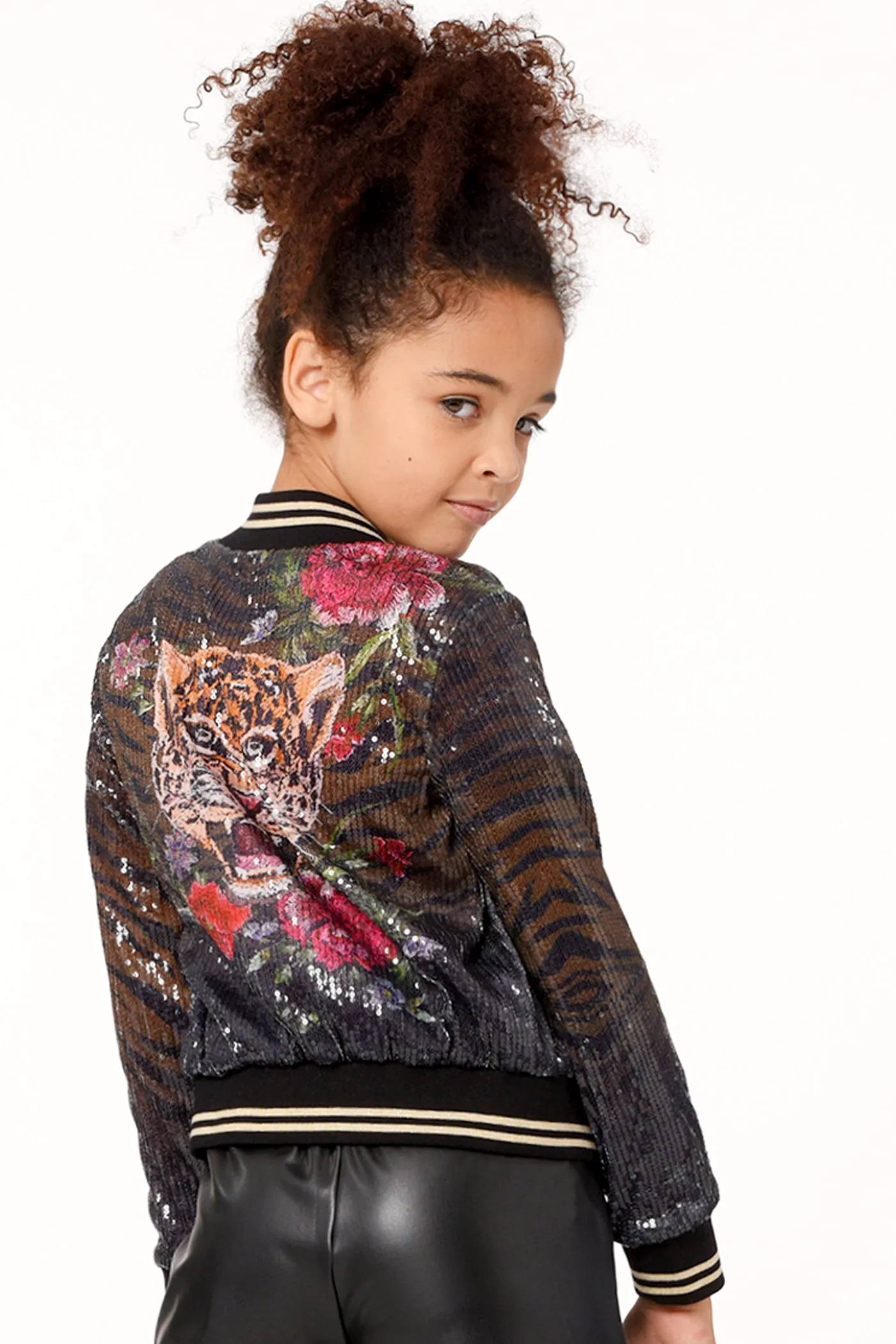 Little Girl's Tiger Floral Print Sequin Bomber Jacket