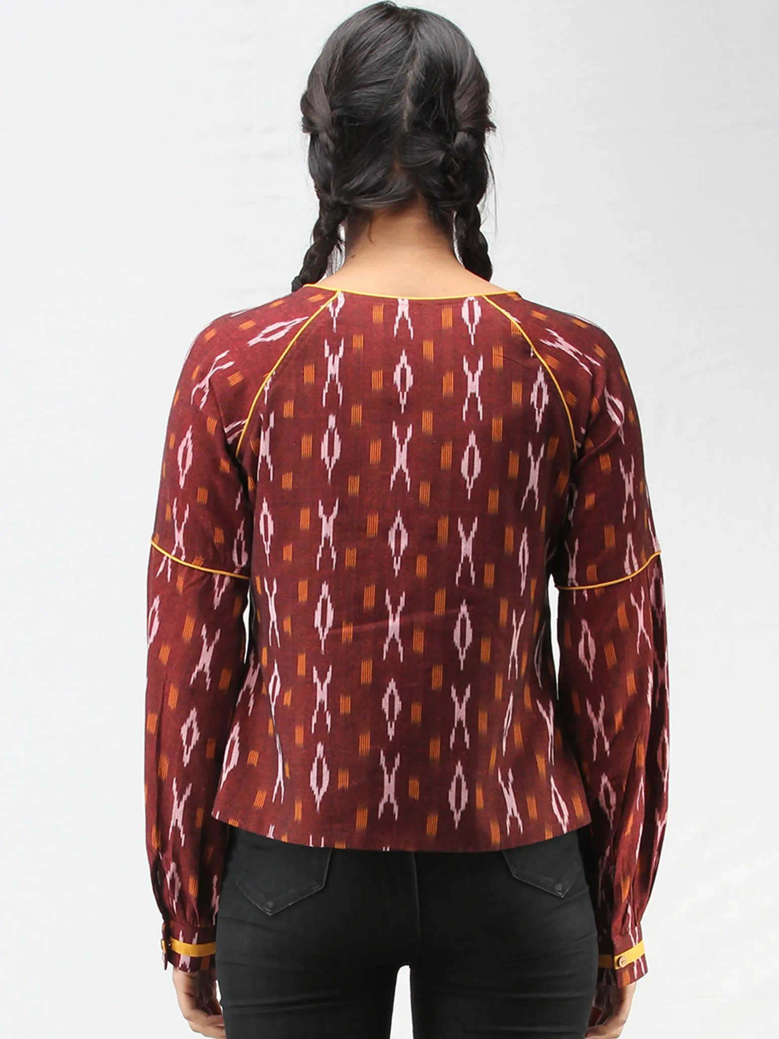 Maroon Mustard Hand Woven Ikat Jacket With Hand made Tassels  - J11FXXX