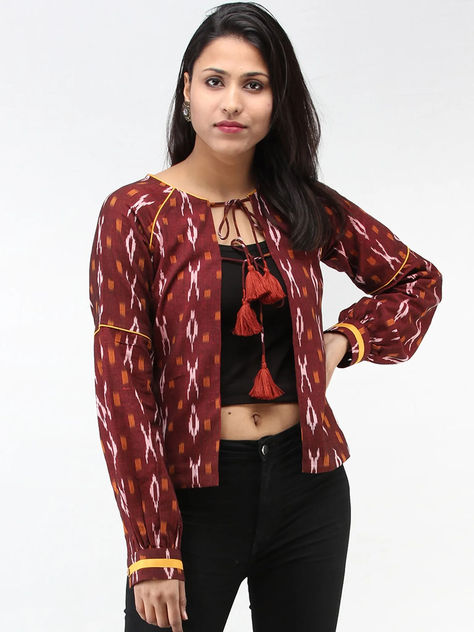 Maroon Mustard Hand Woven Ikat Jacket With Hand made Tassels  - J11FXXX