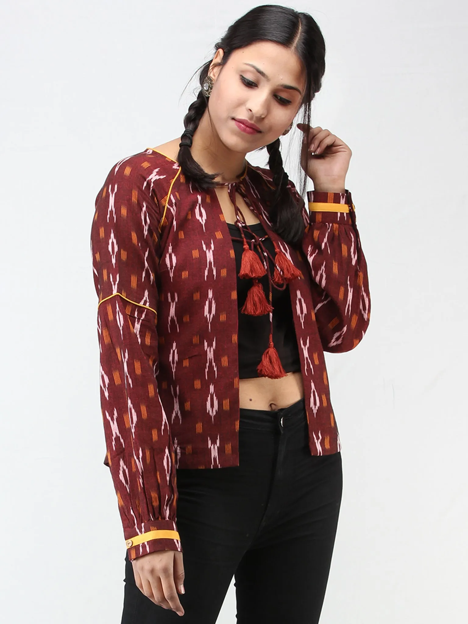 Maroon Mustard Hand Woven Ikat Jacket With Hand made Tassels  - J11FXXX