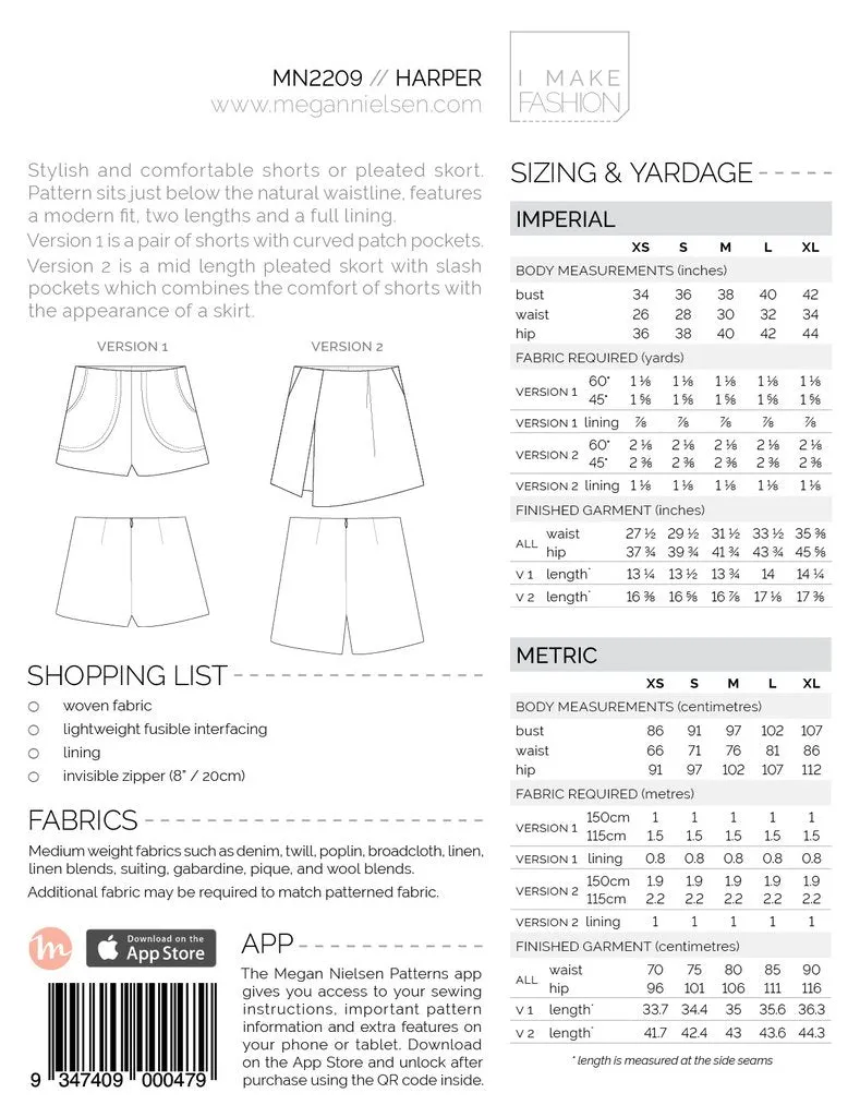 Megan Nielsen - Harper Shorts / Skirt Sewing Pattern