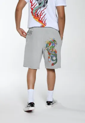 Mens Fireball Dragon Sweat Shorts - Washed Grey