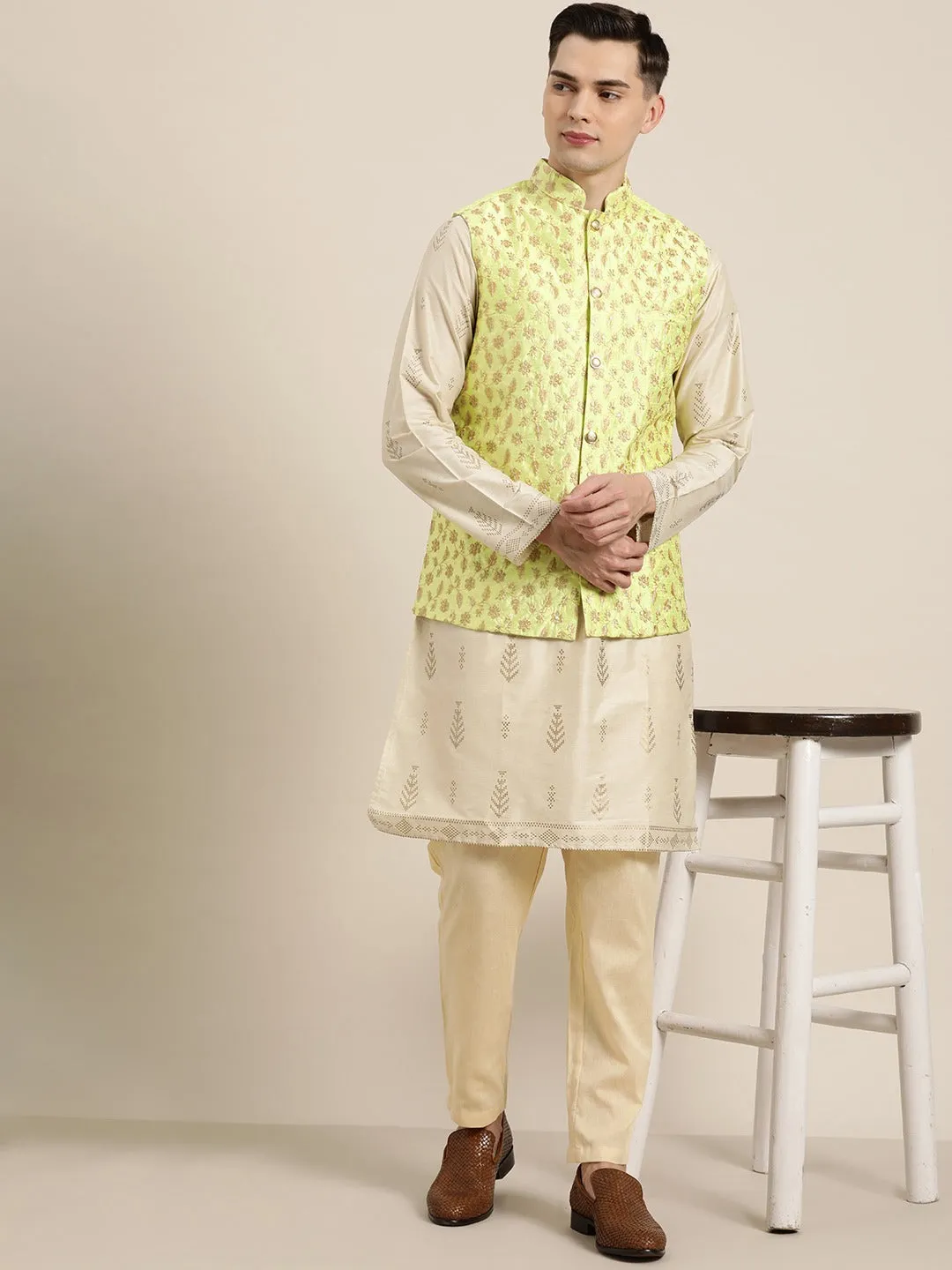 Men's Silk Blend Lime Green & Gold Embroidered Only Nehrujacket - Sojanya