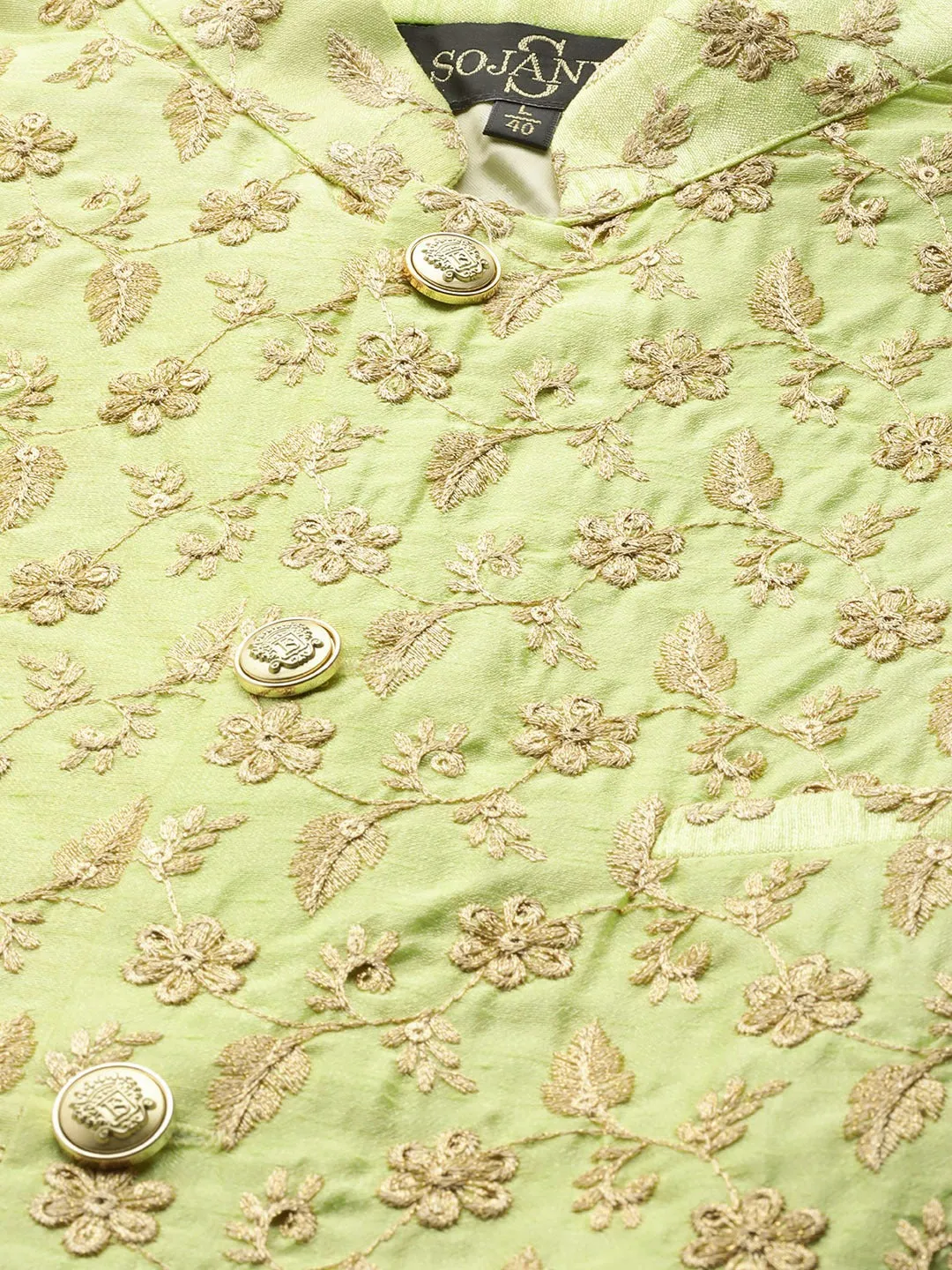 Men's Silk Blend Lime Green & Gold Embroidered Only Nehrujacket - Sojanya