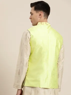 Men's Silk Blend Lime Green & Gold Embroidered Only Nehrujacket - Sojanya