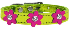 Metallic Flower Leather Collar Metallic Lime Green With Metallic Pink Flowers Size 18