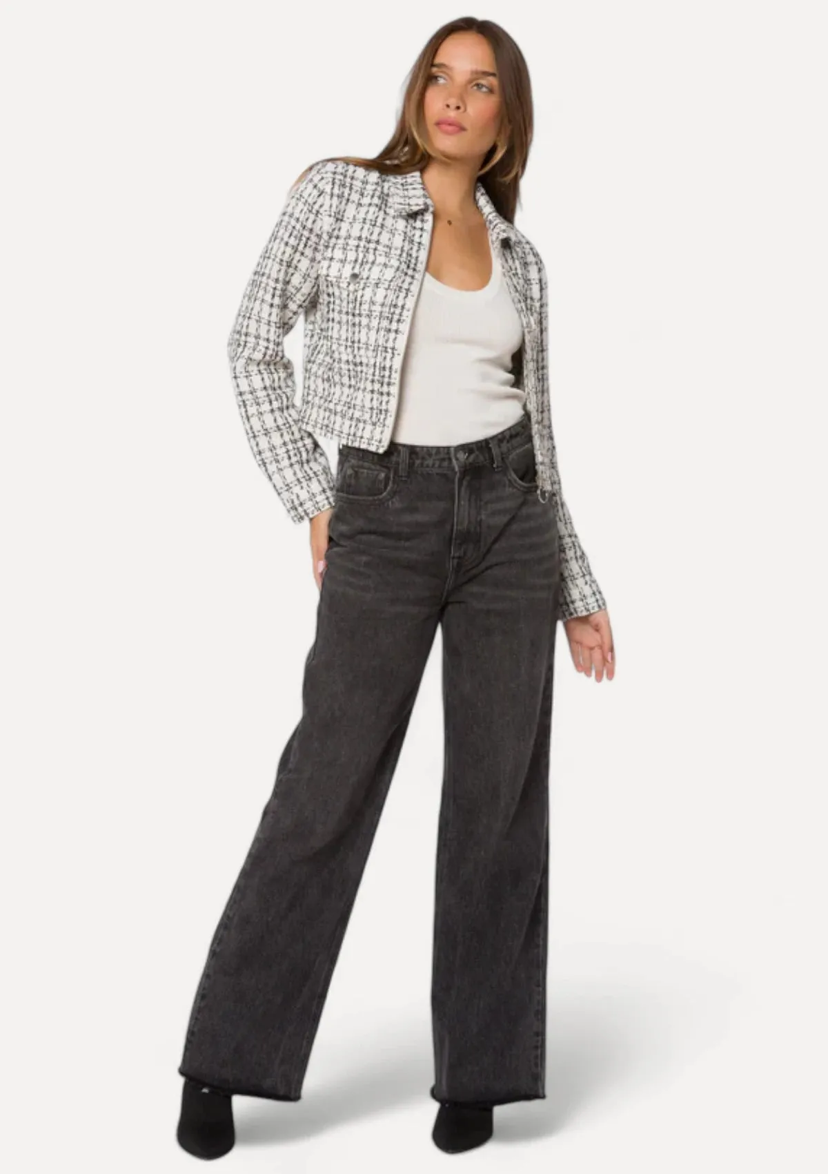 Nyra Long Sleeve Crop Zip Front Tweed Jacket - White Black