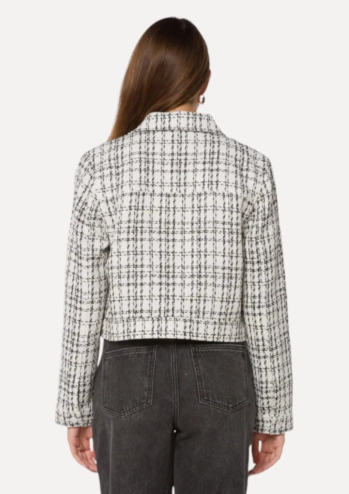 Nyra Long Sleeve Crop Zip Front Tweed Jacket - White Black