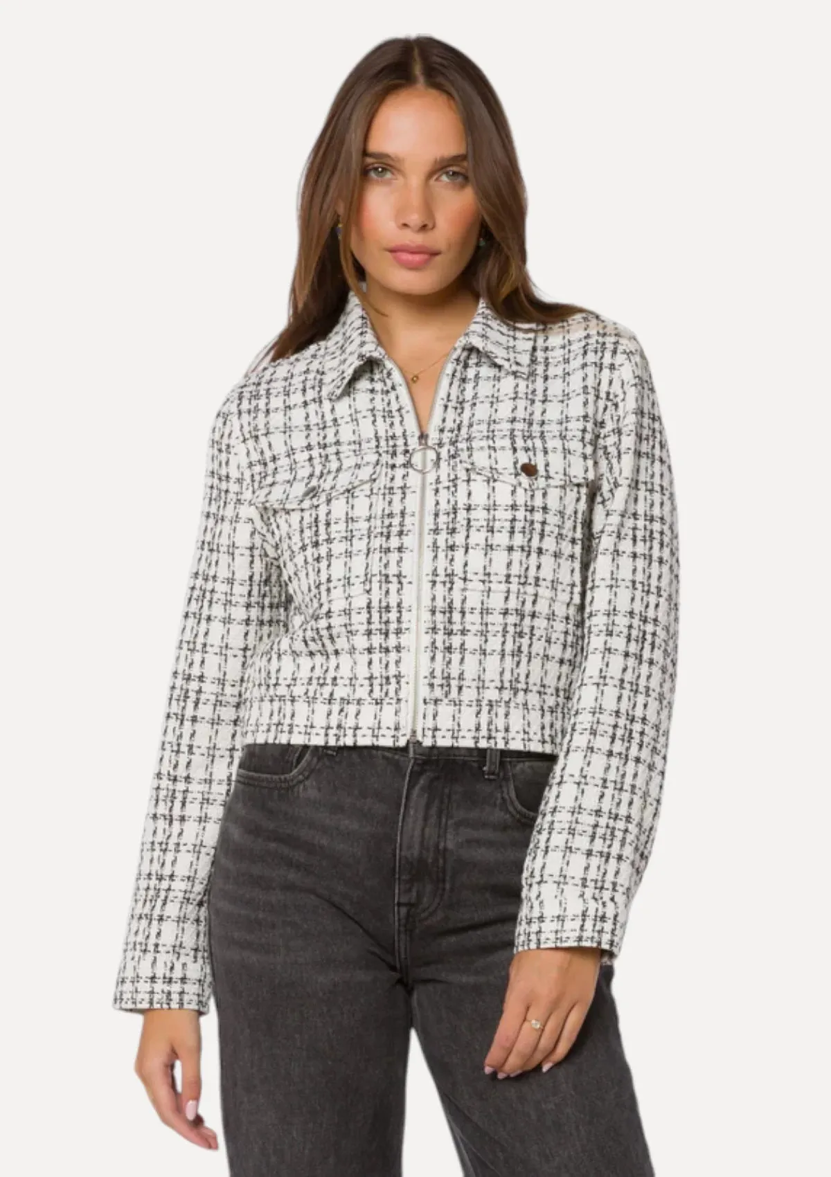 Nyra Long Sleeve Crop Zip Front Tweed Jacket - White Black