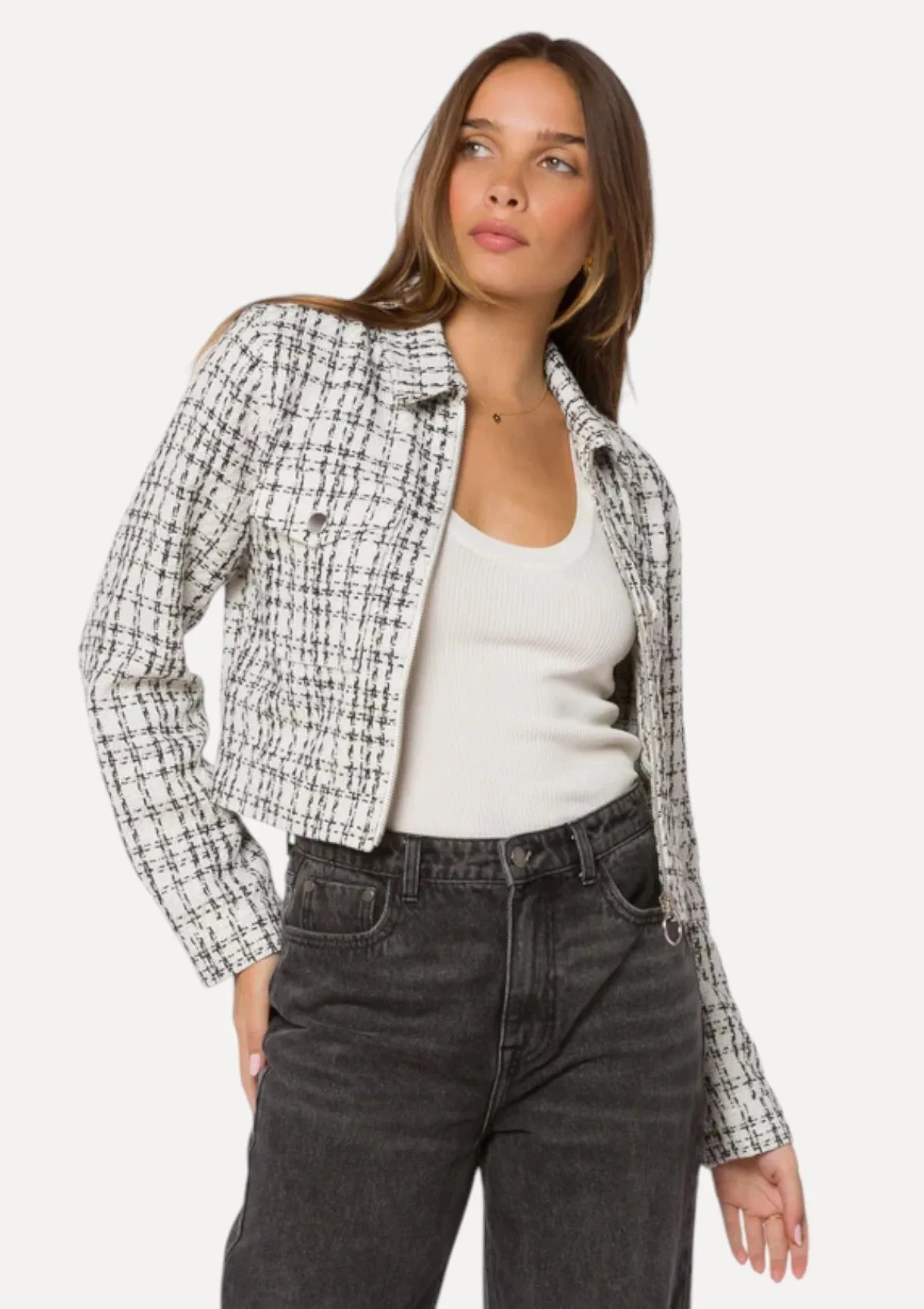 Nyra Long Sleeve Crop Zip Front Tweed Jacket - White Black