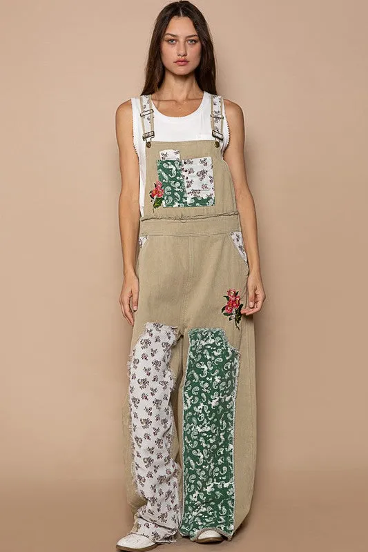 Olive Floral Patchwork Embroidery Overall