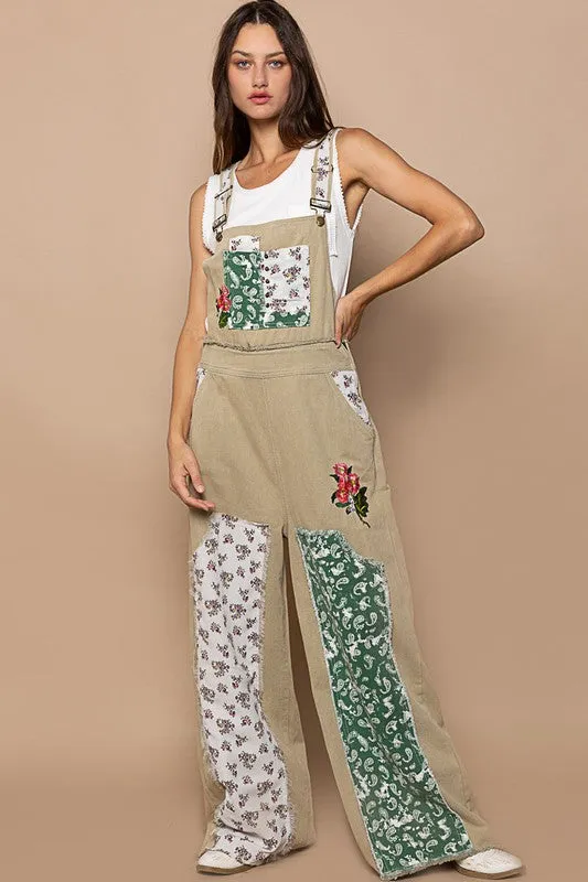 Olive Floral Patchwork Embroidery Overall