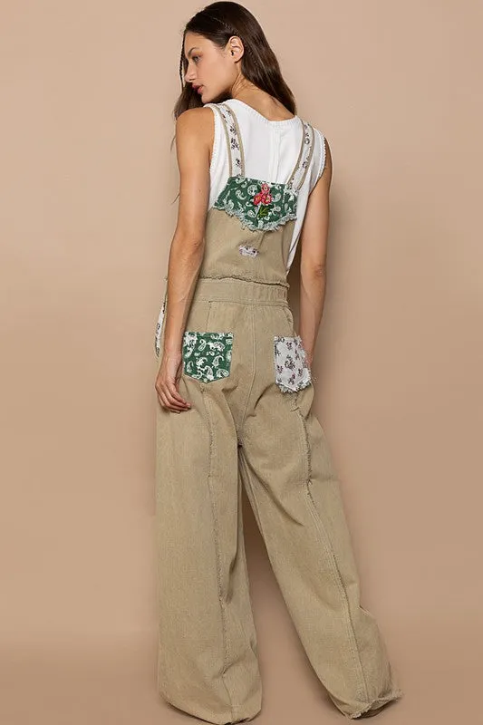 Olive Floral Patchwork Embroidery Overall