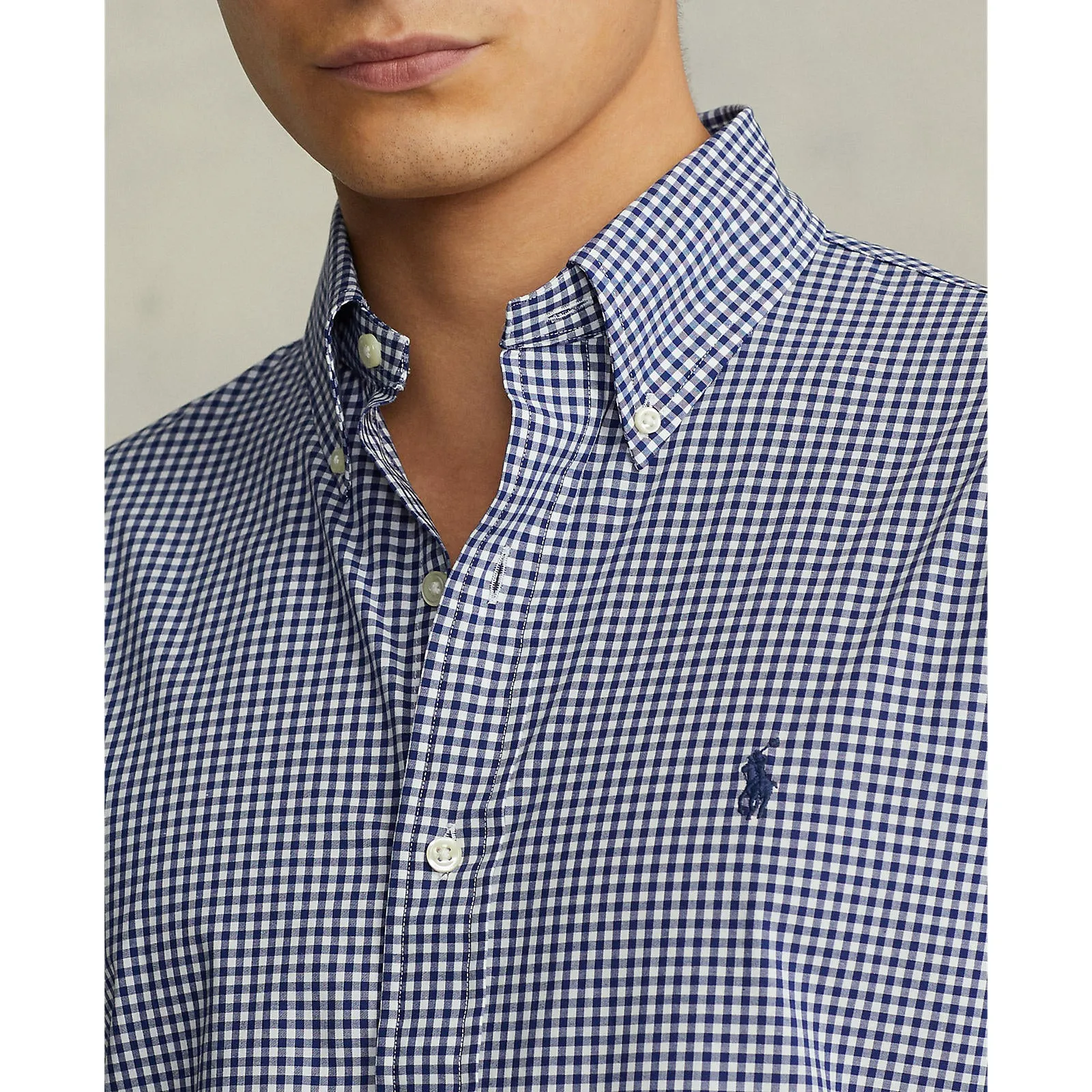 Poplin Stretch Custom Fit Shirt - Gingham  - Navy & White