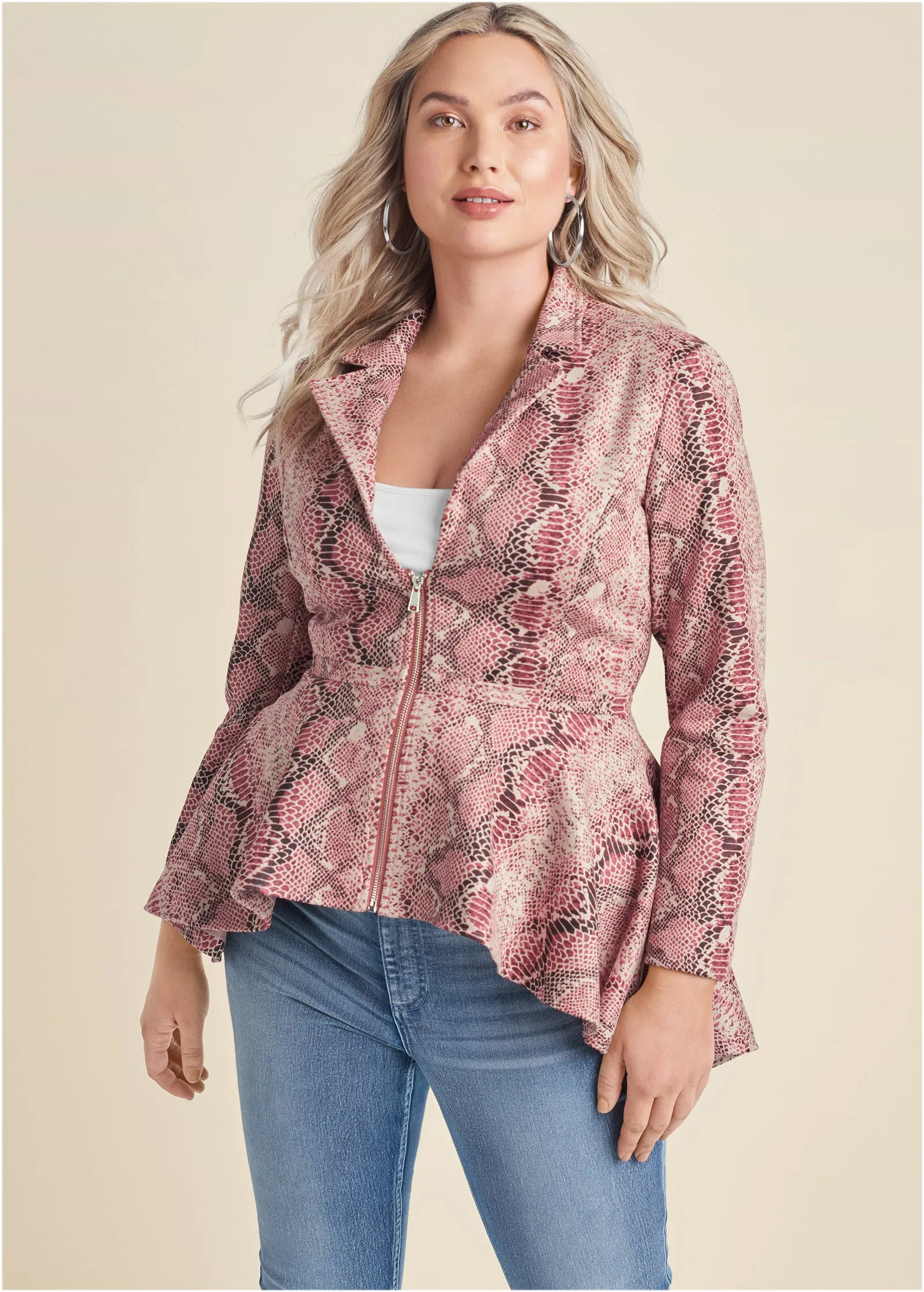 Python Print Hi-Low Faux Suede Jacket - Pink Multi